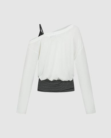  URBAN REVIVO - Áo trễ vai nữ tay dài phối layer in họa tiết 