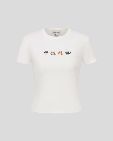  URBAN REVIVO - Áo croptop nữ cổ tròn tay ngắn in họa tiết 