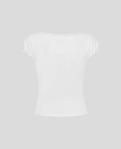  URBAN REVIVO - Áo kiểu nữ cổ V tay bồng viền ren 