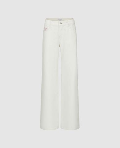  URBAN REVIVO - Quần jeans nữ ống rộng phối họa tiết 
