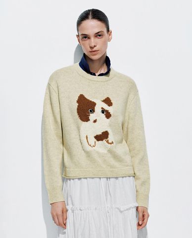  URBAN REVIVO - Áo dệt kim nữ cổ tròn tay dài phối hoạ tiết 