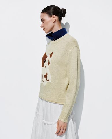  URBAN REVIVO - Áo dệt kim nữ cổ tròn tay dài phối hoạ tiết 