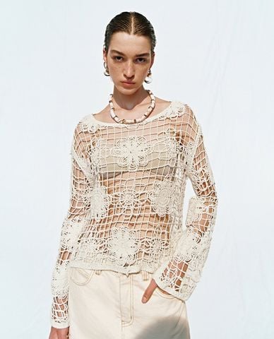  URBAN REVIVO - Áo dệt kim nữ tay dài xuyên thấu 