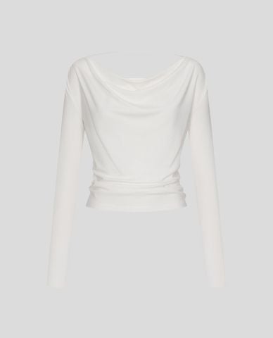  URBAN REVIVO - Áo kiểu nữ cổ đổ tay dài xếp nếp 