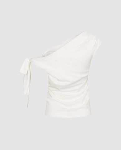  URBAN REVIVO - Áo kiểu nữ lệch vai phom ôm phối nơ 