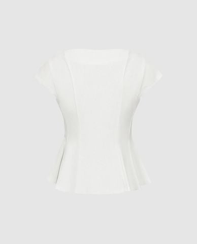  URBAN REVIVO - Áo kiểu nữ cổ thuyền tay ngắn chiết eo 