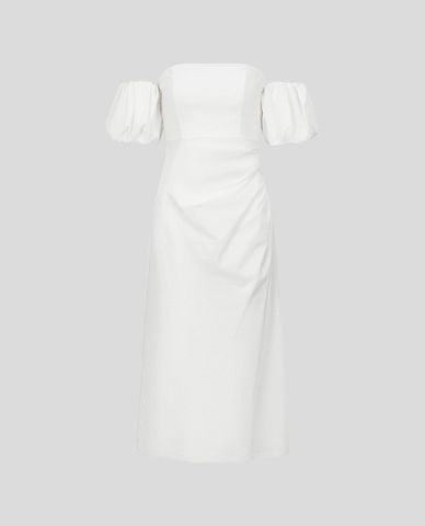  URBAN REVIVO - Đầm trễ vai midi phom ôm tay phồng 