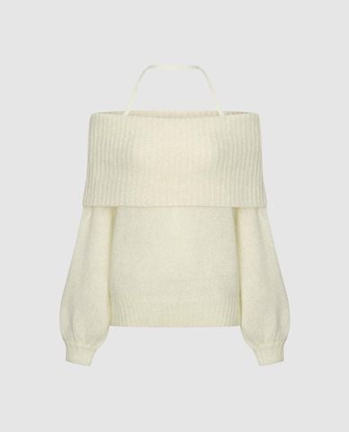  URBAN REVIVO - Áo trễ vai nữ dệt kim tay dài phối dây cổ 