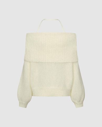  URBAN REVIVO - Áo trễ vai nữ dệt kim tay dài phối dây cổ 