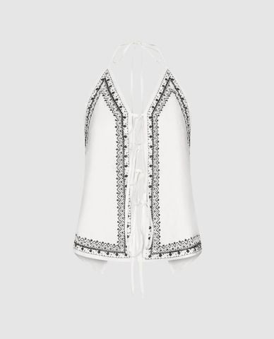  URBAN REVIVO - Áo kiểu nữ cổ yếm thêu họa tiết 