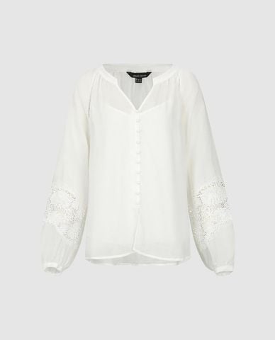  URBAN REVIVO - Áo kiểu nữ cổ V tay dài phối ren 