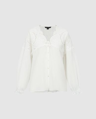  URBAN REVIVO - Áo sơ mi nữ cổ V tay dài phối ren 
