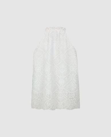  URBAN REVIVO - Áo kiểu nữ cổ yếm rút dây phối bèo 