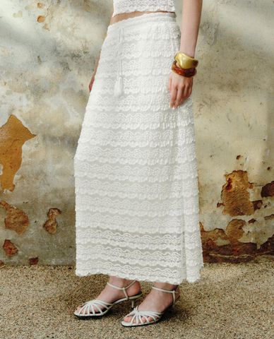  URBAN REVIVO - Chân váy phom suông midi phối ren 