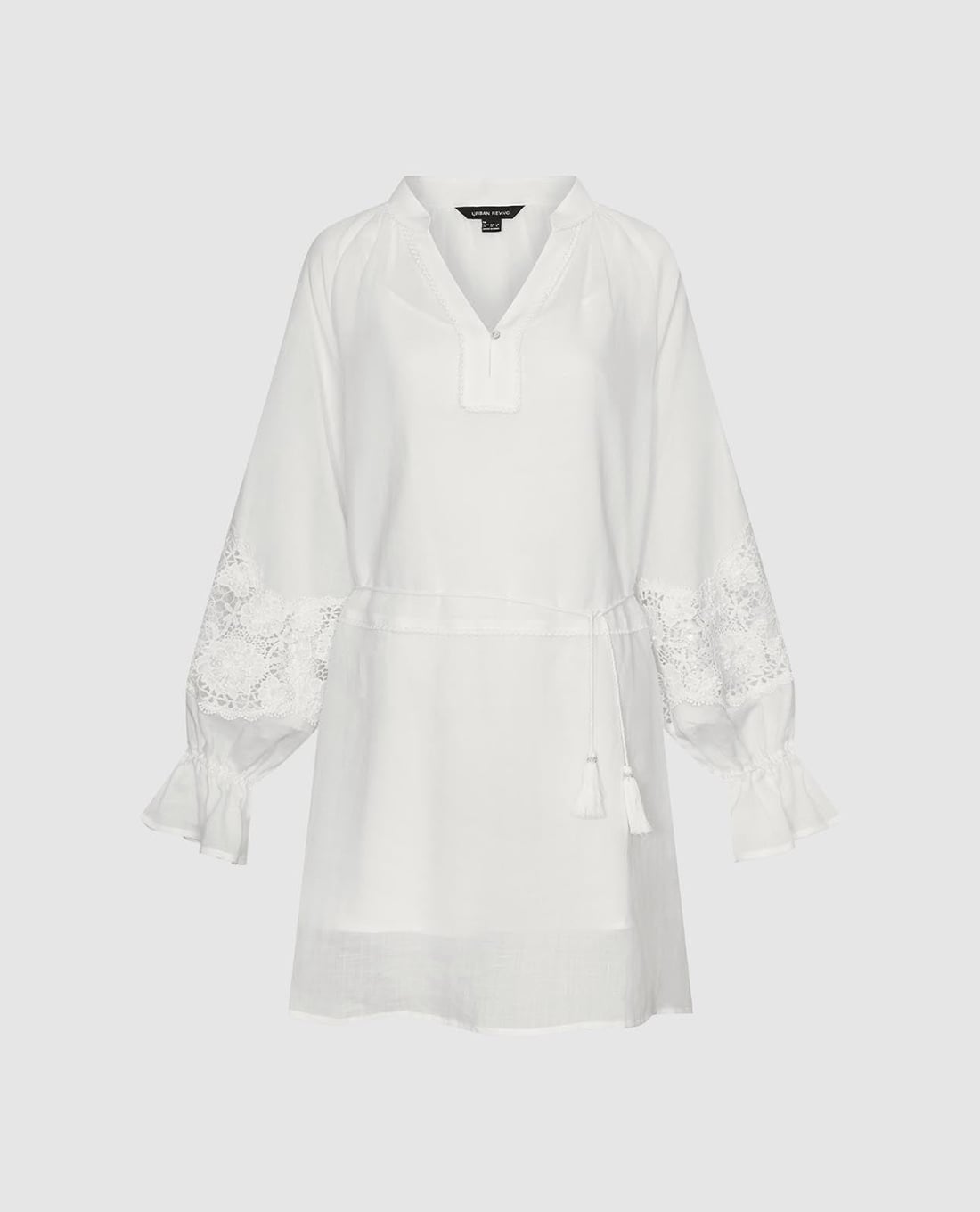 URBAN REVIVO - Đầm midi cổ V tay dài dây rút phối ren