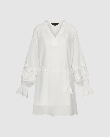  URBAN REVIVO - Đầm midi cổ V tay dài dây rút phối ren 