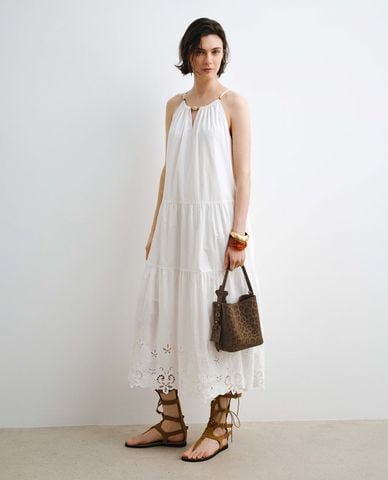  URBAN REVIVO - Đầm sát nách midi xếp tầng viền ren 