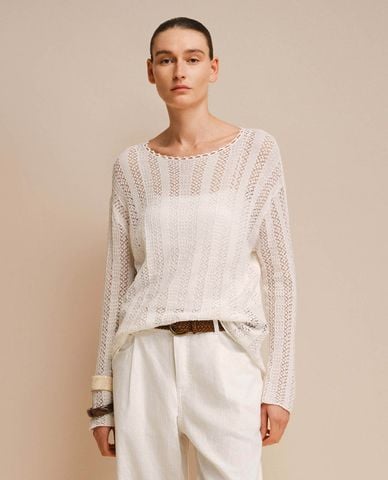  URBAN REVIVO - Áo dệt kim nữ cổ tròn tay dài phối ren 