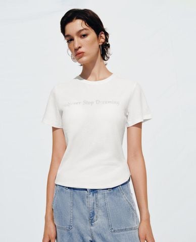  URBAN REVIVO - Áo thun nữ cổ tròn tay ngắn vạt chéo 