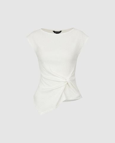  URBAN REVIVO - Áo kiểu nữ cổ thuyền xoắn eo lệch tà 