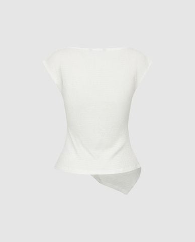  URBAN REVIVO - Áo kiểu nữ cổ thuyền xoắn eo lệch tà 