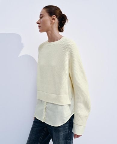  URBAN REVIVO - Áo dệt kim nữ cổ tròn tay dài phối sơ mi 