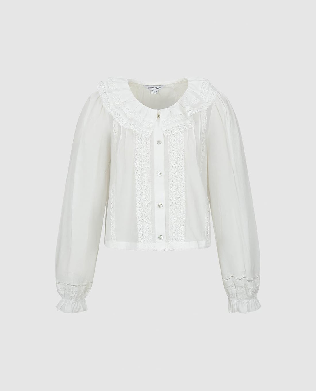 URBAN REVIVO - Áo kiểu nữ cổ tròn tay dài phối bèo