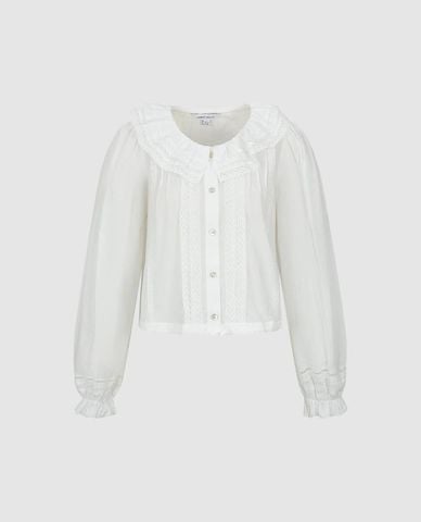  URBAN REVIVO - Áo kiểu nữ cổ tròn tay dài phối bèo 