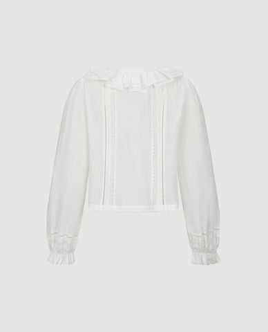  URBAN REVIVO - Áo kiểu nữ cổ tròn tay dài phối bèo 