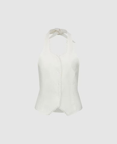 URBAN REVIVO - Áo kiểu nữ cổ yếm thắt nơ phối ren 