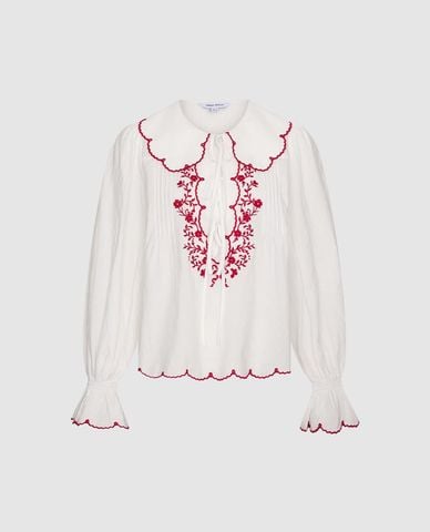  URBAN REVIVO - Áo sơ mi nữ cổ tròn buộc nơ thêu hoa 