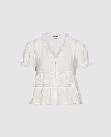  URBAN REVIVO - Áo kiểu nữ cổ V tay phồng phối ren 