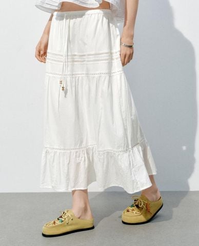  URBAN REVIVO - Chân váy xếp tầng midi phối dây rút 