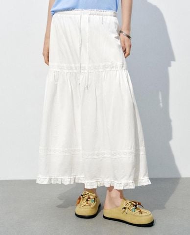  URBAN REVIVO - Chân váy chữ A midi lưng thun phối dây rút 