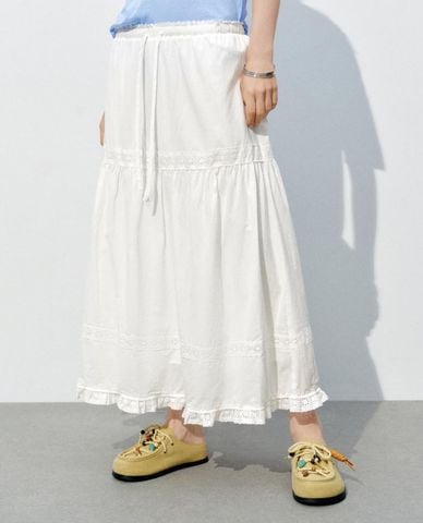  URBAN REVIVO - Chân váy chữ A midi lưng thun phối dây rút 