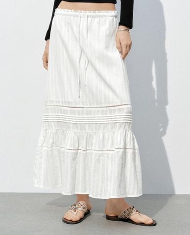  URBAN REVIVO - Chân váy chữ A midi lưng thun viền ren 