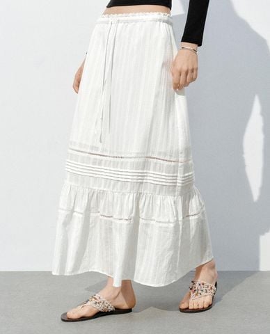  URBAN REVIVO - Chân váy chữ A midi lưng thun viền ren 