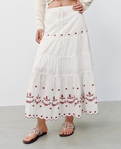  URBAN REVIVO - Chân váy xếp tầng midi phối dây rút 