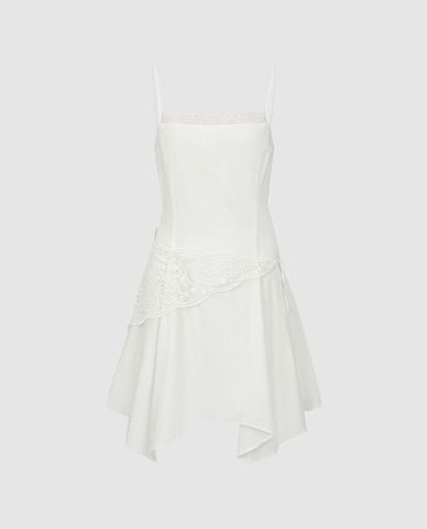  URBAN REVIVO - Đầm hai dây mini phối ren bất đối xứng 