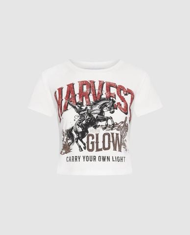  URBAN REVIVO - Áo croptop nữ cổ tròn tay ngắn in họa tiết 
