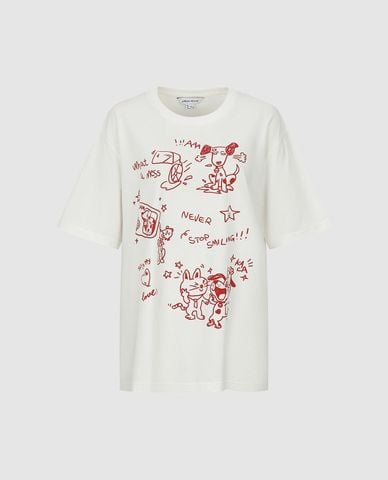  URBAN REVIVO - Áo thun nữ cổ tròn tay ngắn họa tiết hoạt hình 