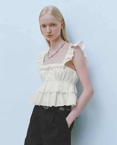  URBAN REVIVO - Áo hai dây nữ cổ vuông phối bèo 