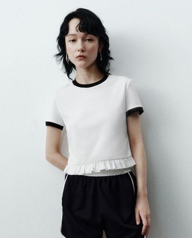  URBAN REVIVO - Áo croptop nữ cổ tròn tay ngắn phối viền 