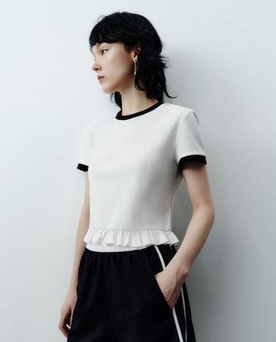  URBAN REVIVO - Áo croptop nữ cổ tròn tay ngắn phối viền 
