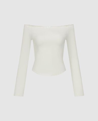  URBAN REVIVO - Áo trễ vai nữ tay dài phom ôm phối nơ 