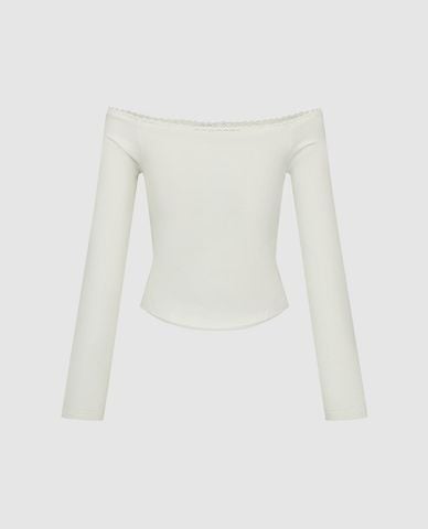  URBAN REVIVO - Áo trễ vai nữ tay dài phom ôm phối nơ 