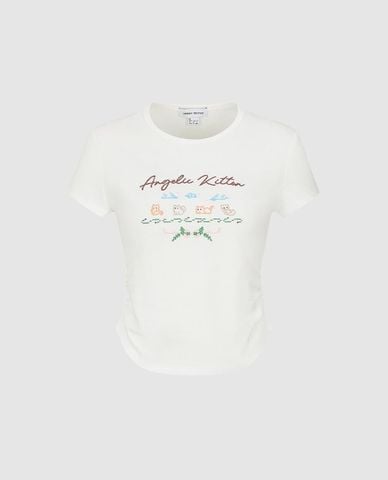  URBAN REVIVO - Áo croptop nữ cổ tròn tay ngắn nhún eo 