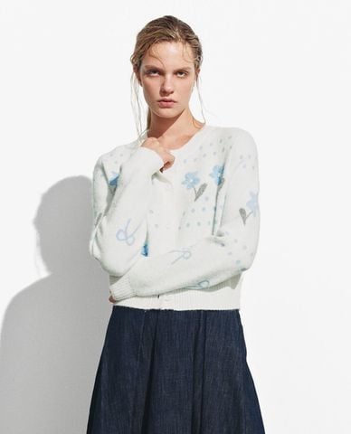  URBAN REVIVO - Áo khoác cardigan nữ cổ tròn phối họa tiết 