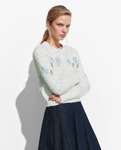  URBAN REVIVO - Áo khoác cardigan nữ cổ tròn phối họa tiết 