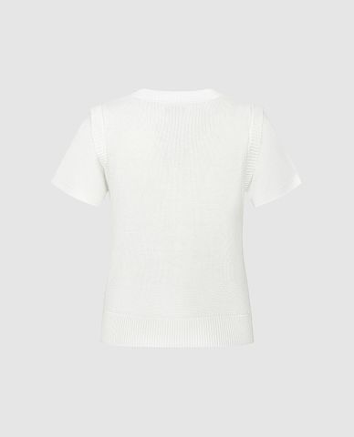  URBAN REVIVO - Áo dệt kim nữ cổ tròn tay ngắn phối họa tiết 